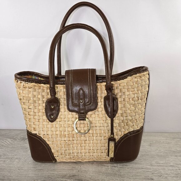 Chaps Handbags - Chaps Straw Woven Shoulder Bag Purse Medium Brown Trim Charm Double Handle Rafia